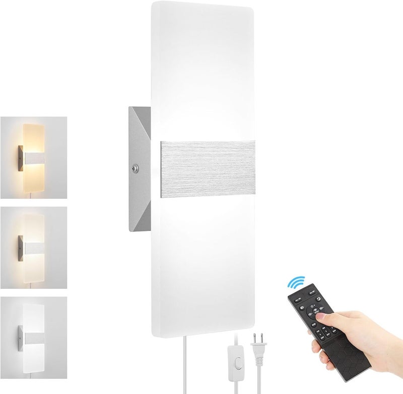 GOODATE Plug in Wall Sconces with Stepless Adjustable 3000K-6500K Colors and 10%-100% Brightness, Sconces Wall Lighting with Remote Control 12W Acrylic LED Wall Lamp with 6FT Plug in Cord, 1 Pack - Image 1